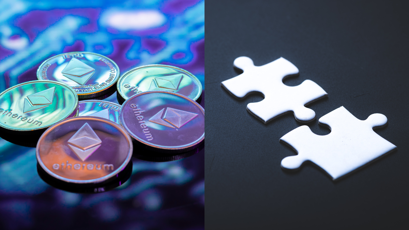 gold, silver, and copper Ethereum coins in defocused printed circuit background (left), two pieces of jigsaw puzzle (right)