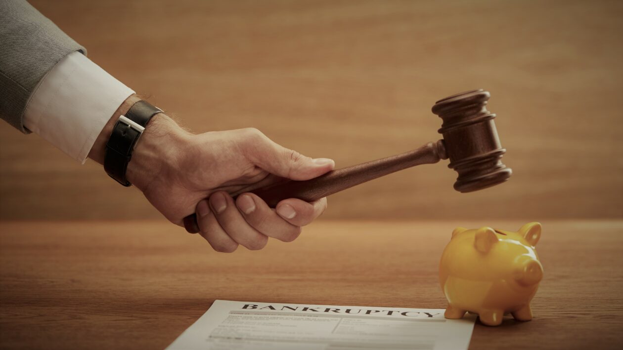cropped view of man holding wooden gavel above yellow piggy bank near bankruptcy form