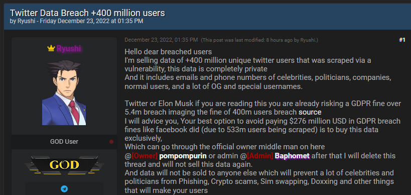 Data of 400M Twitter users offered for sale on hacking forum