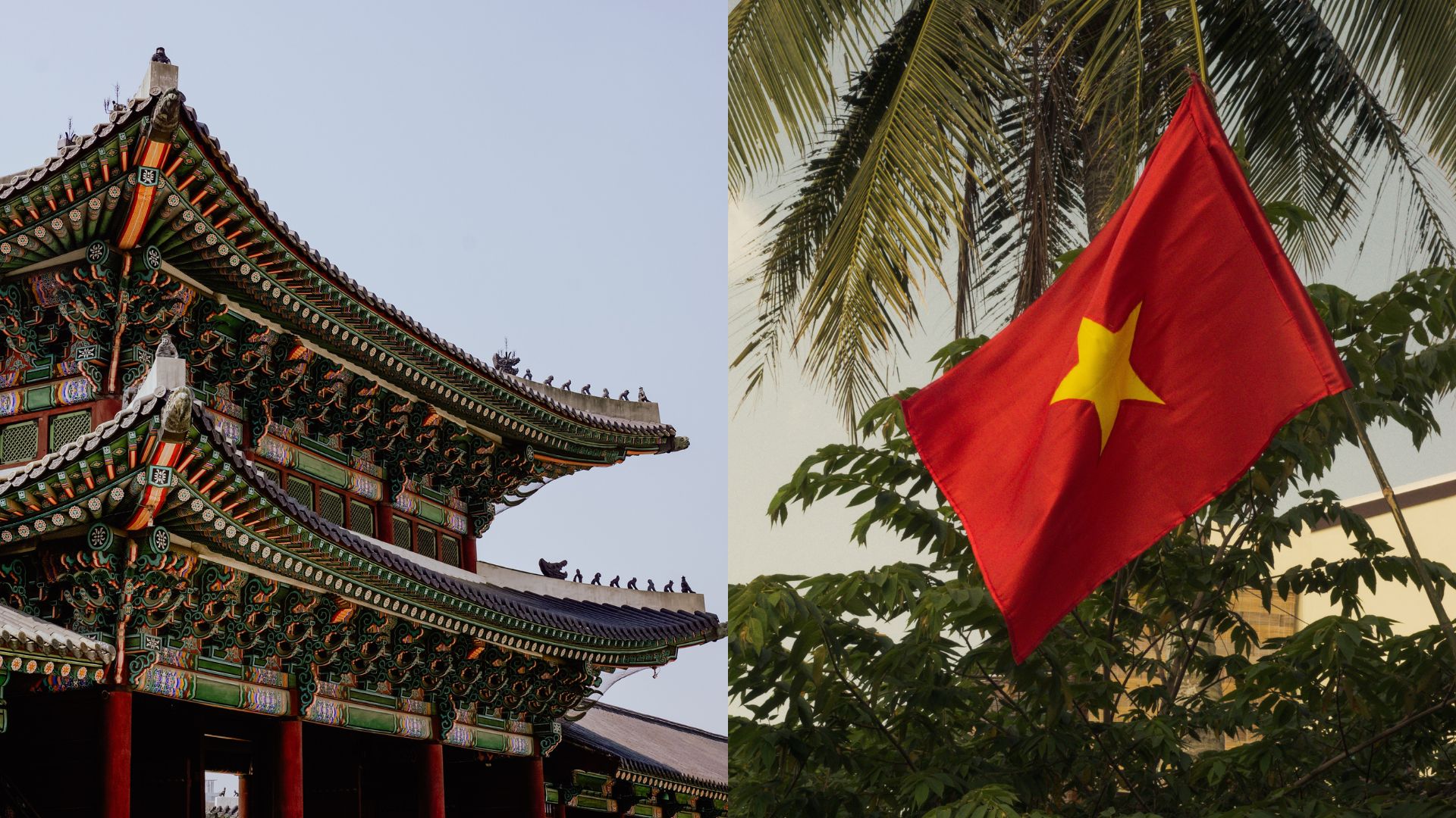 South Korea's Gyeongbok palance and Vietnam flag