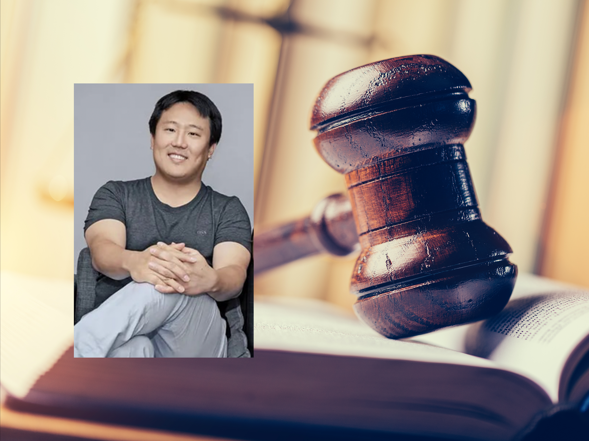 open book with wooden court hammer / picture of Daniel Shin