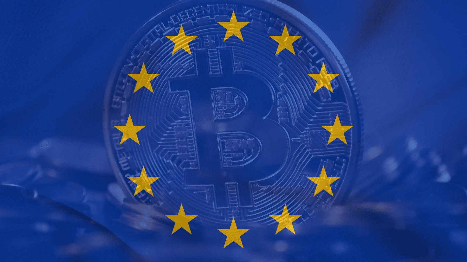European Union flag with a golden Bitcoin in the background