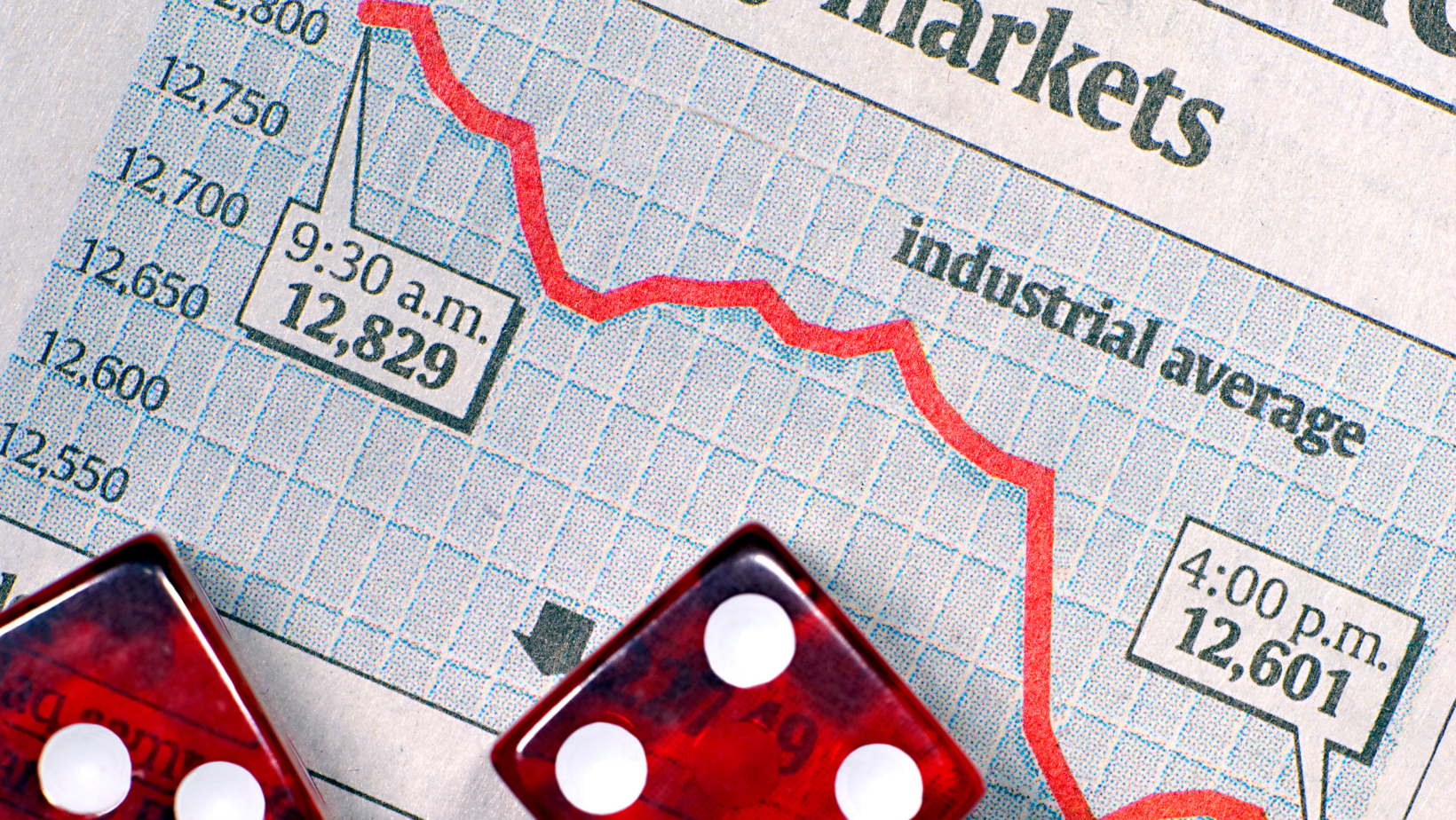 stock market showing downward trajectory with dice implying risks