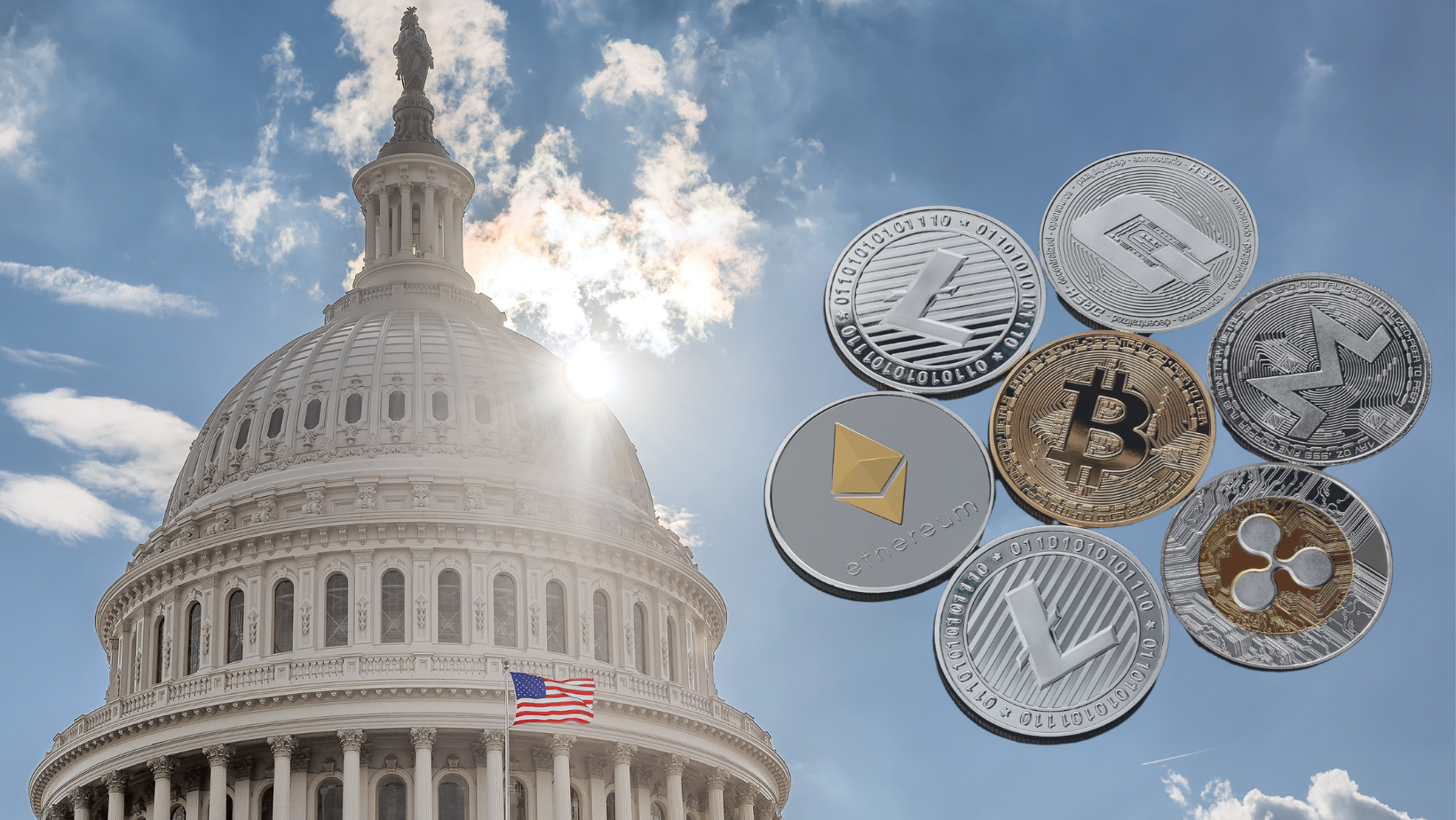 US Capitol and crypto coins