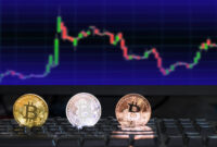 3 different colored bitcoin digital currency on computer keyboard with blurred background of investing chart stock market trading in monitor, future financial currency concept