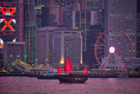 Tourist junk boat ferry with red sails and Hong Kong skyline cityscape downtown skyscrapers over Victoria Harbour in the evening. Hong Kong, China